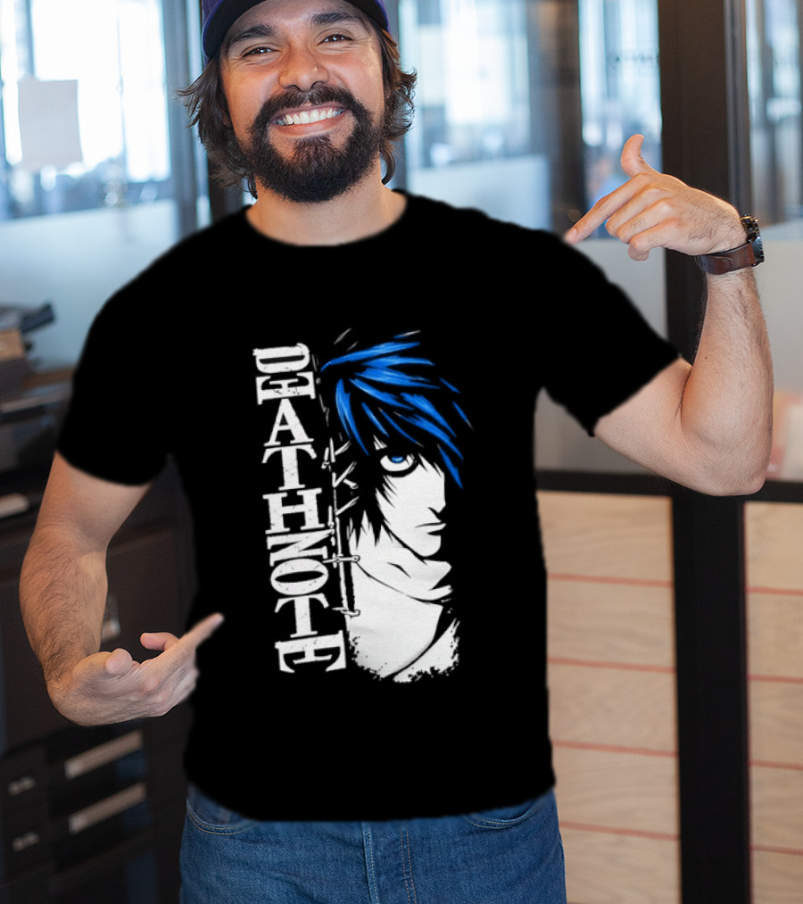 L From Death Note Distressed Anime Blue Hair White T-Shirt