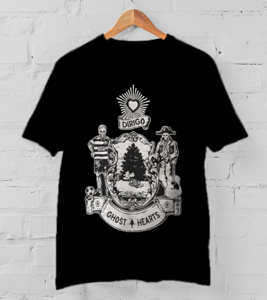 Dirigo Ghost Hearts Maine Crest With Skeleton Soccer And Guitar Players T-Shirt