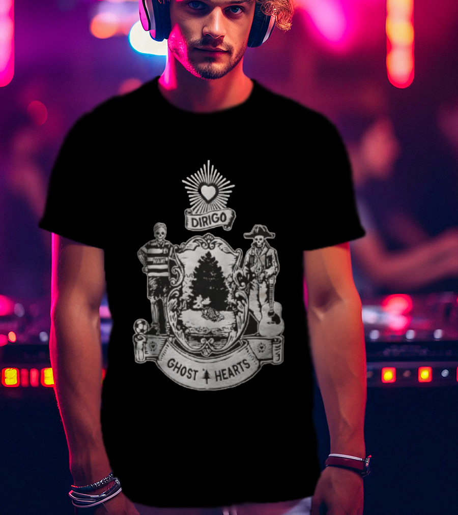 Dirigo Ghost Hearts Maine Crest With Skeleton Soccer And Guitar Players T-Shirt