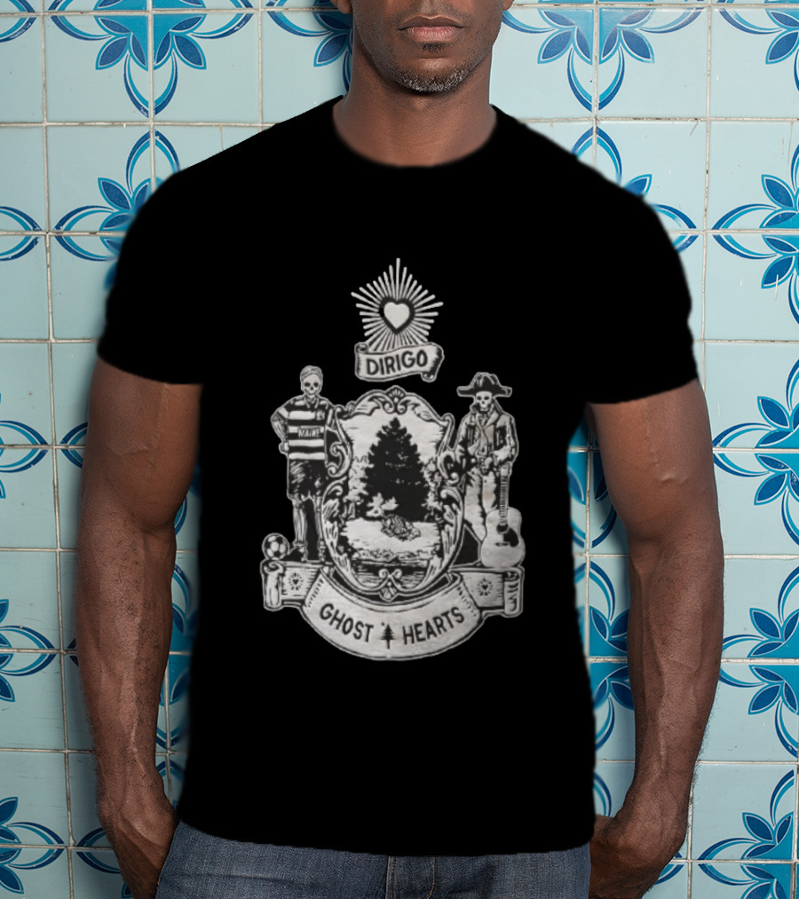 Dirigo Ghost Hearts Maine Crest With Skeleton Soccer And Guitar Players T-Shirt