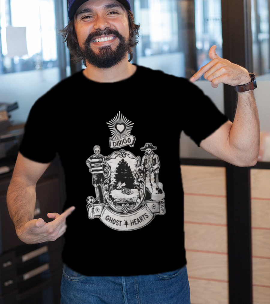 Dirigo Ghost Hearts Maine Crest With Skeleton Soccer And Guitar Players T-Shirt