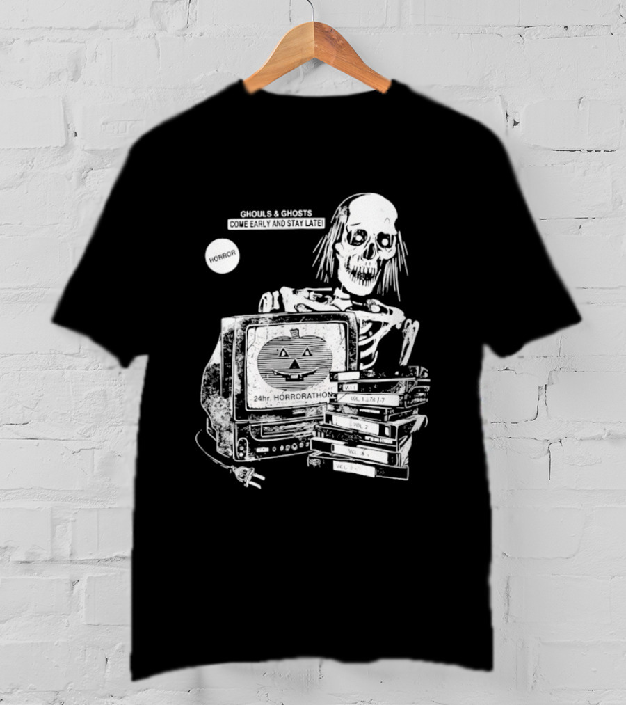 Ghouls And Ghosts 24hr Horrorathon Skeleton With TV And Pumpkin T-Shirt