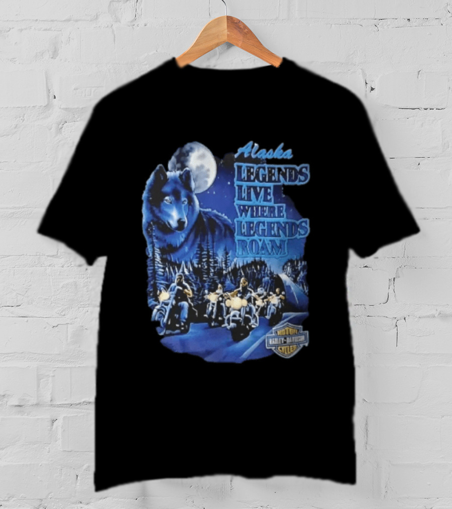 Alaska Legends Live Where Legends Roam Wolf Moon Motorcycles Forest Road T-Shirt