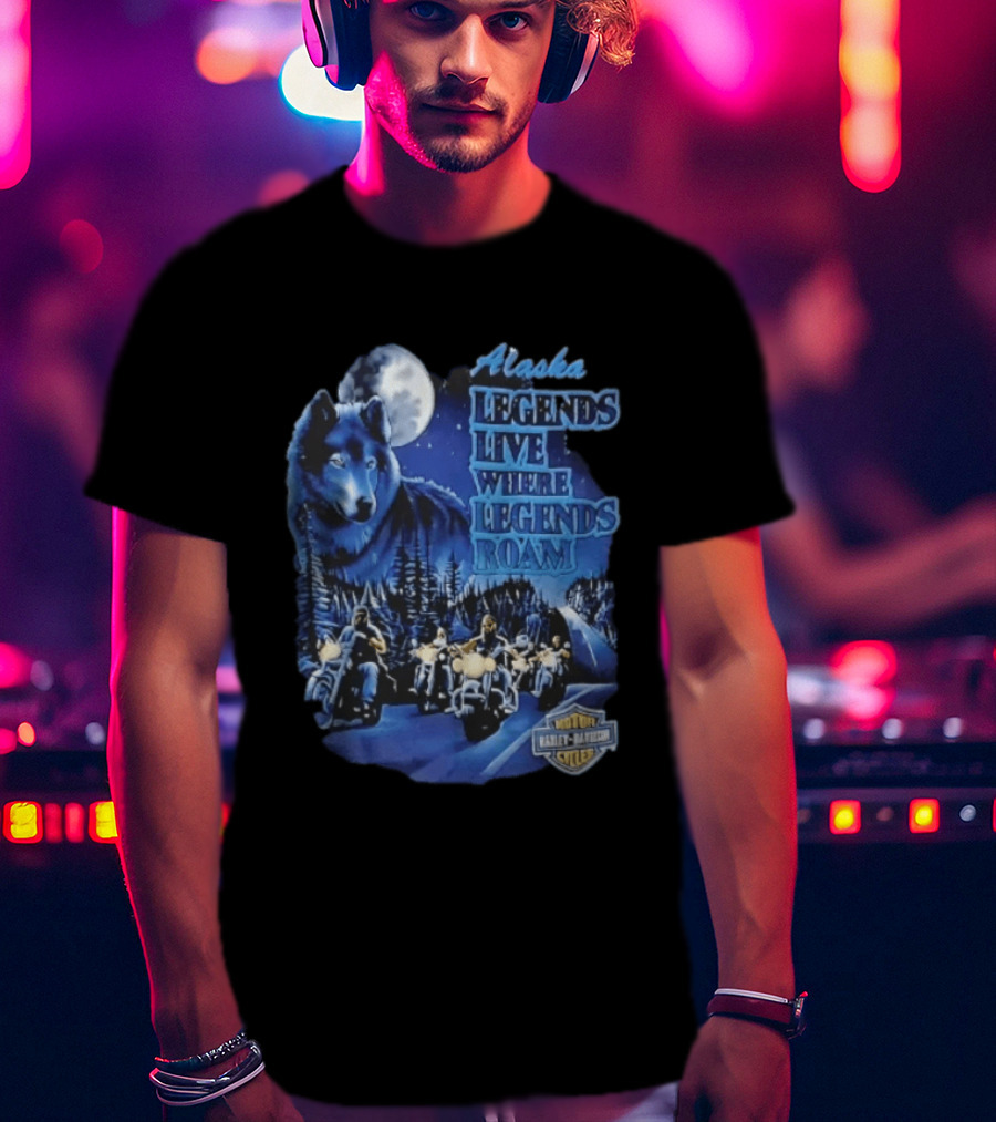 Alaska Legends Live Where Legends Roam Wolf Moon Motorcycles Forest Road T-Shirt