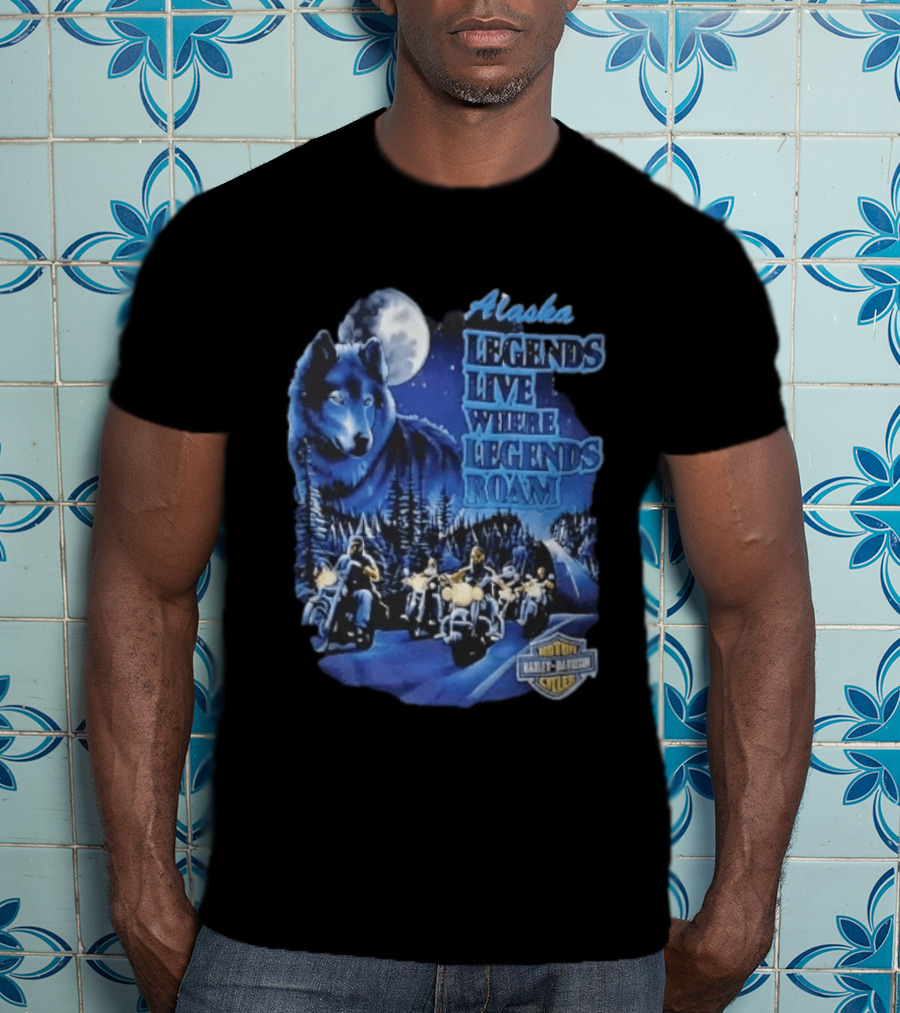 Alaska Legends Live Where Legends Roam Wolf Moon Motorcycles Forest Road T-Shirt