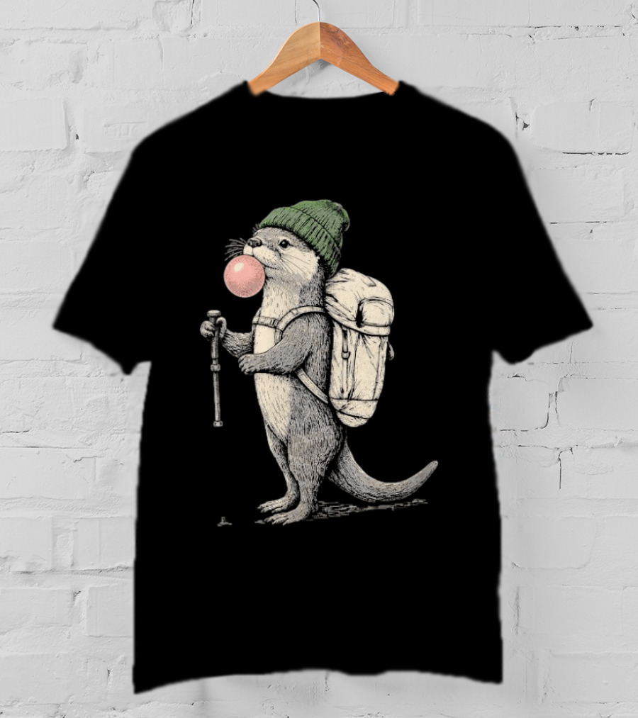 Hiking Otter Backpack Adventure With Bubble Gum T-Shirt