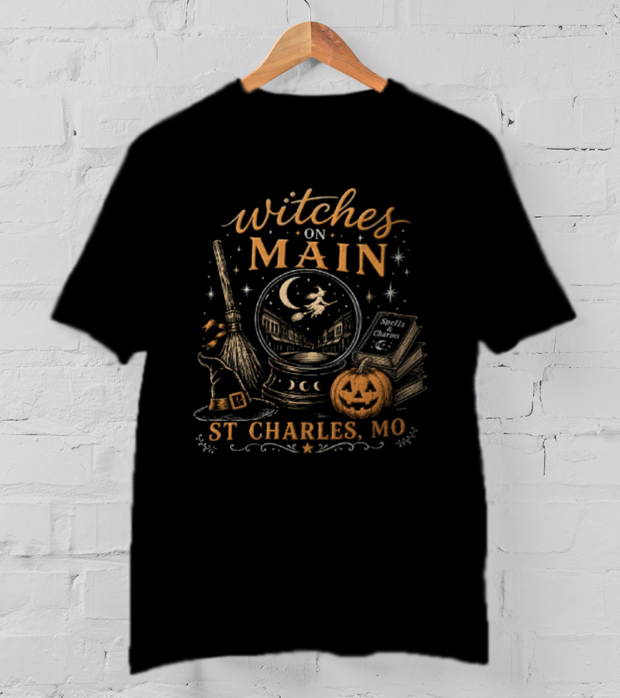 Witches On Main St Charles MO Halloween Broomstick Crystal Ball Pumpkin T-Shirt