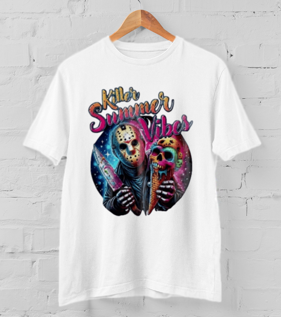 Killer Summer Vibes Hockey Mask Slasher Knife Skull Ice Cream Cone Cosmic T-Shirt