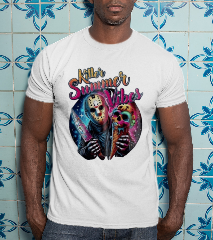 Killer Summer Vibes Hockey Mask Slasher Knife Skull Ice Cream Cone Cosmic T-Shirt