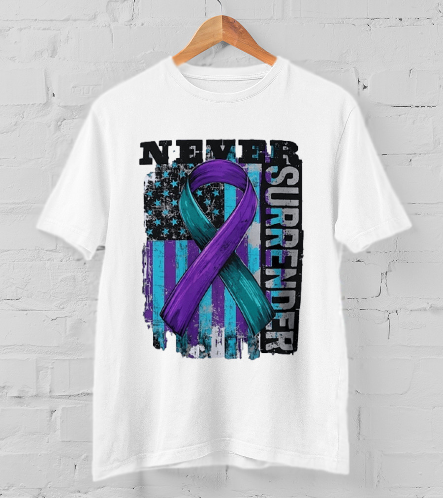 Never Surrender Teal And Purple Awareness Ribbon Distressed Flag T-Shirt