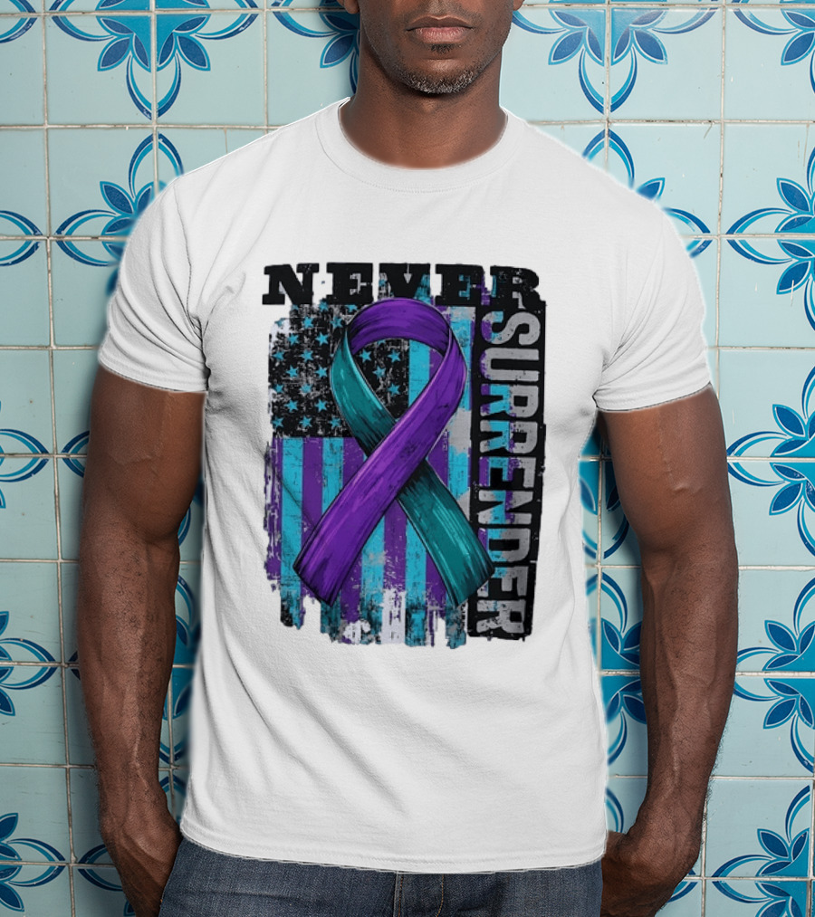 Never Surrender Teal And Purple Awareness Ribbon Distressed Flag T-Shirt