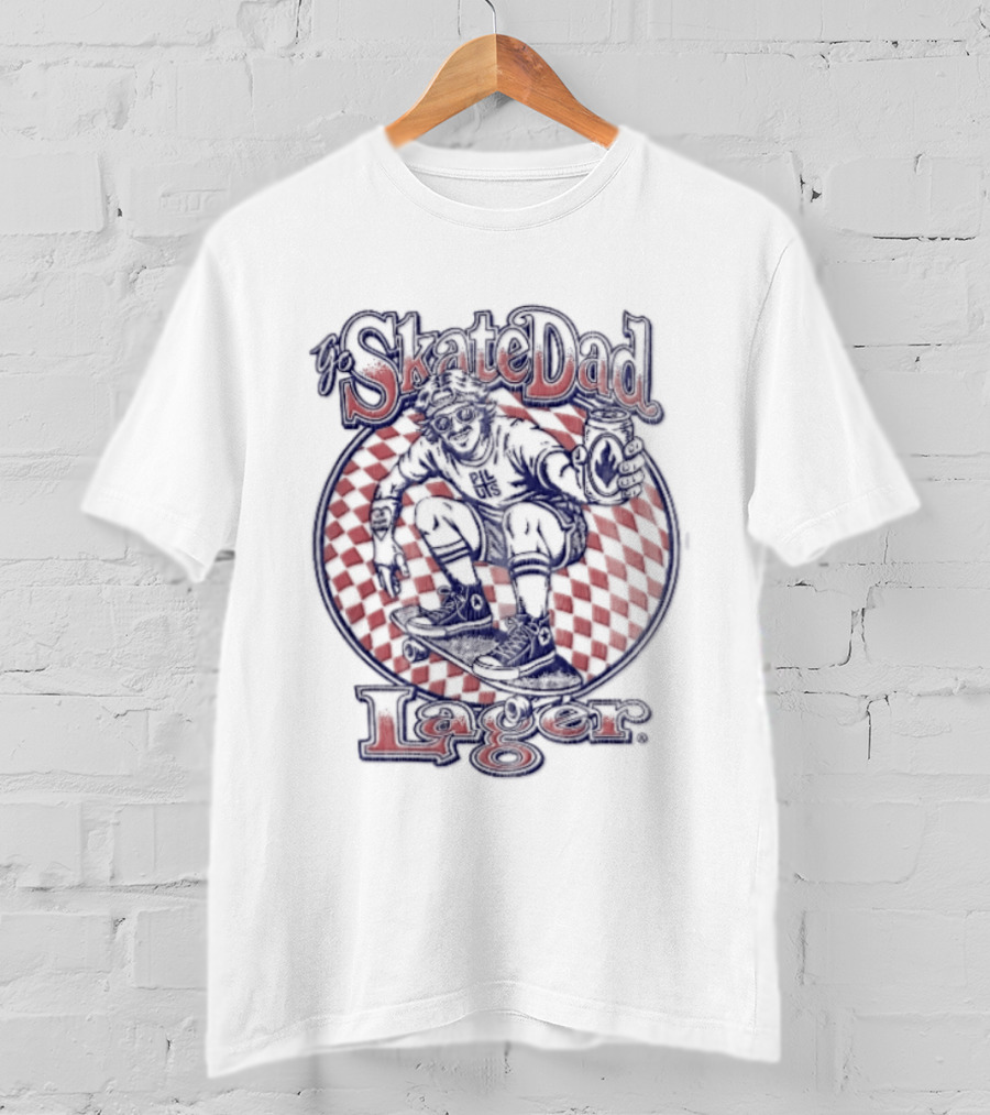 Skate Dad Lager Pils Beer Can Checkerboard Skater Riding T-Shirt