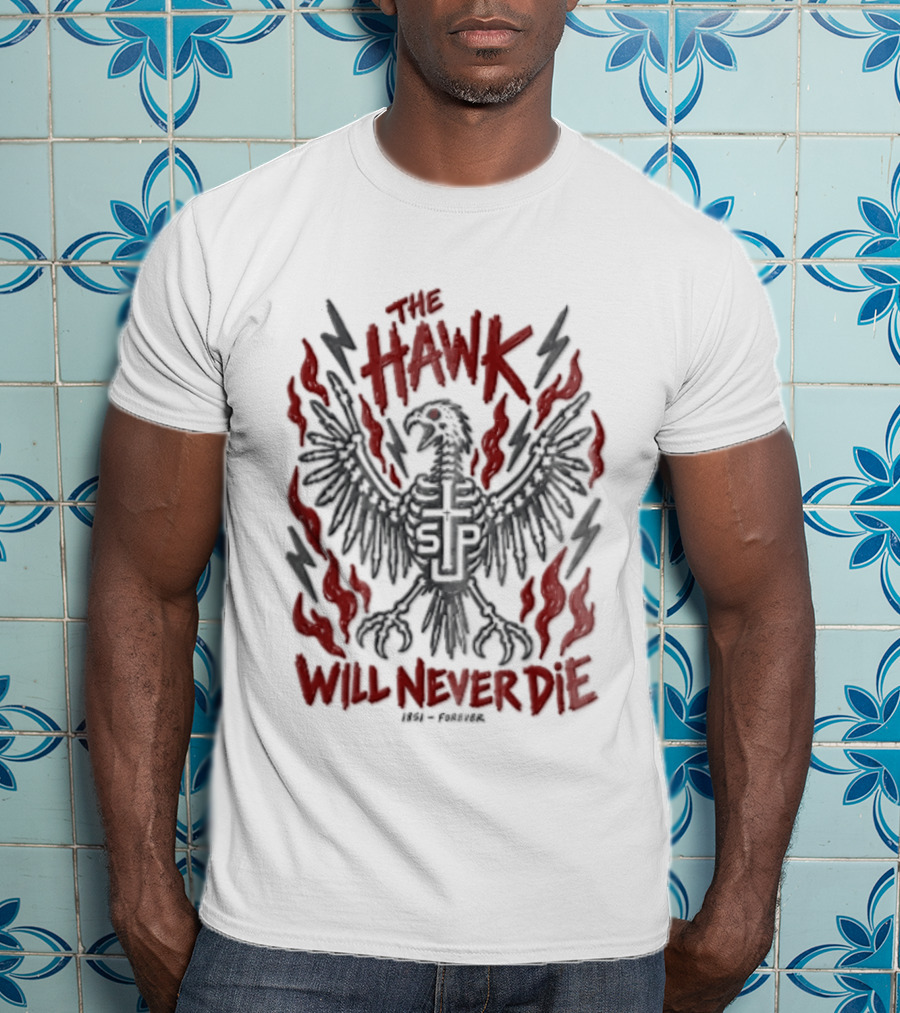 The Hawk Will Never Die 1851 Skeletal Bird Wings Cross Flames Lightning T-Shirt