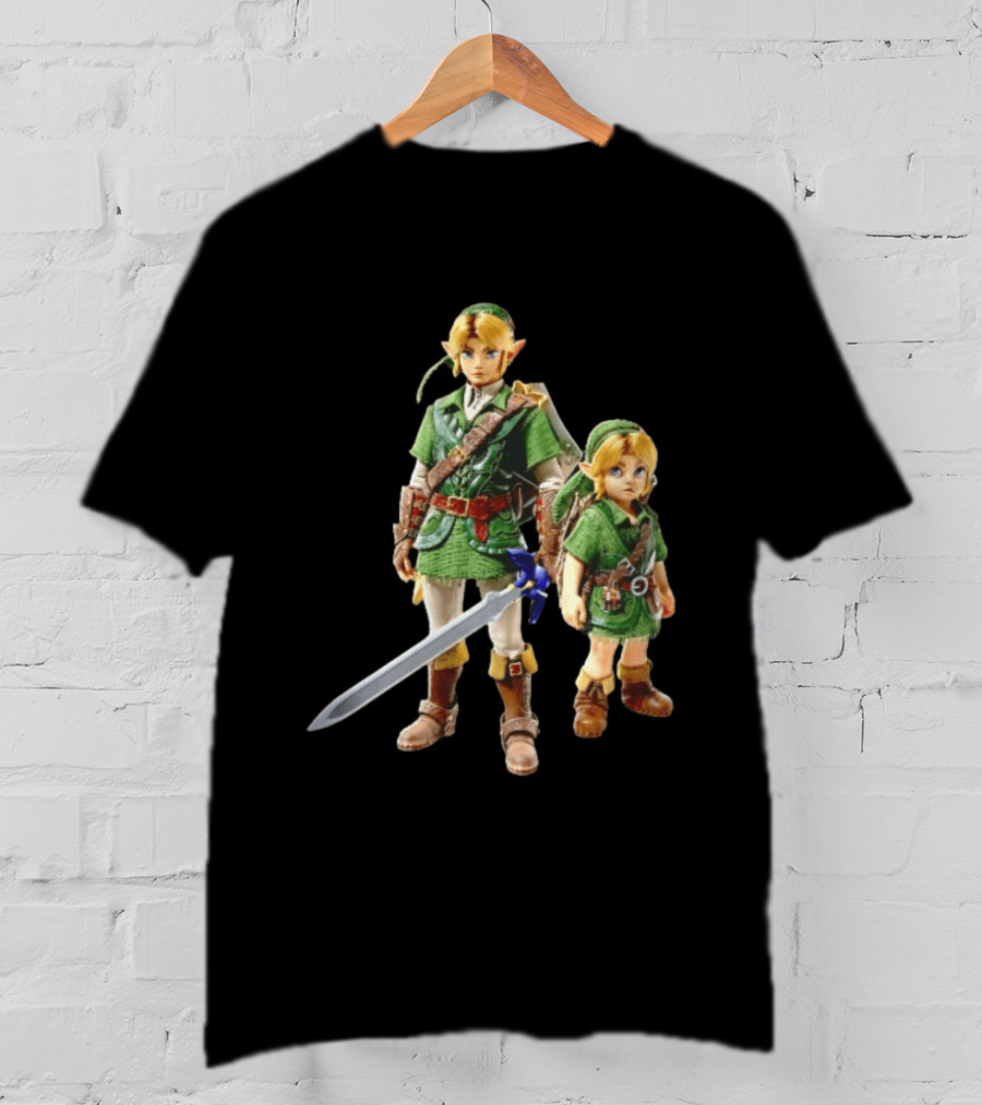 Adult And Young Link Green Tunic Warrior Sword Shield Render T-Shirt