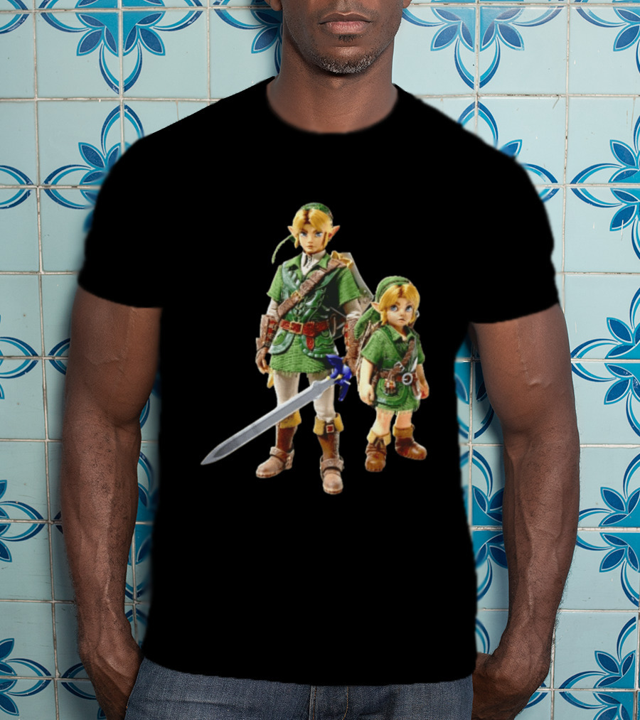 Adult And Young Link Green Tunic Warrior Sword Shield Render T-Shirt
