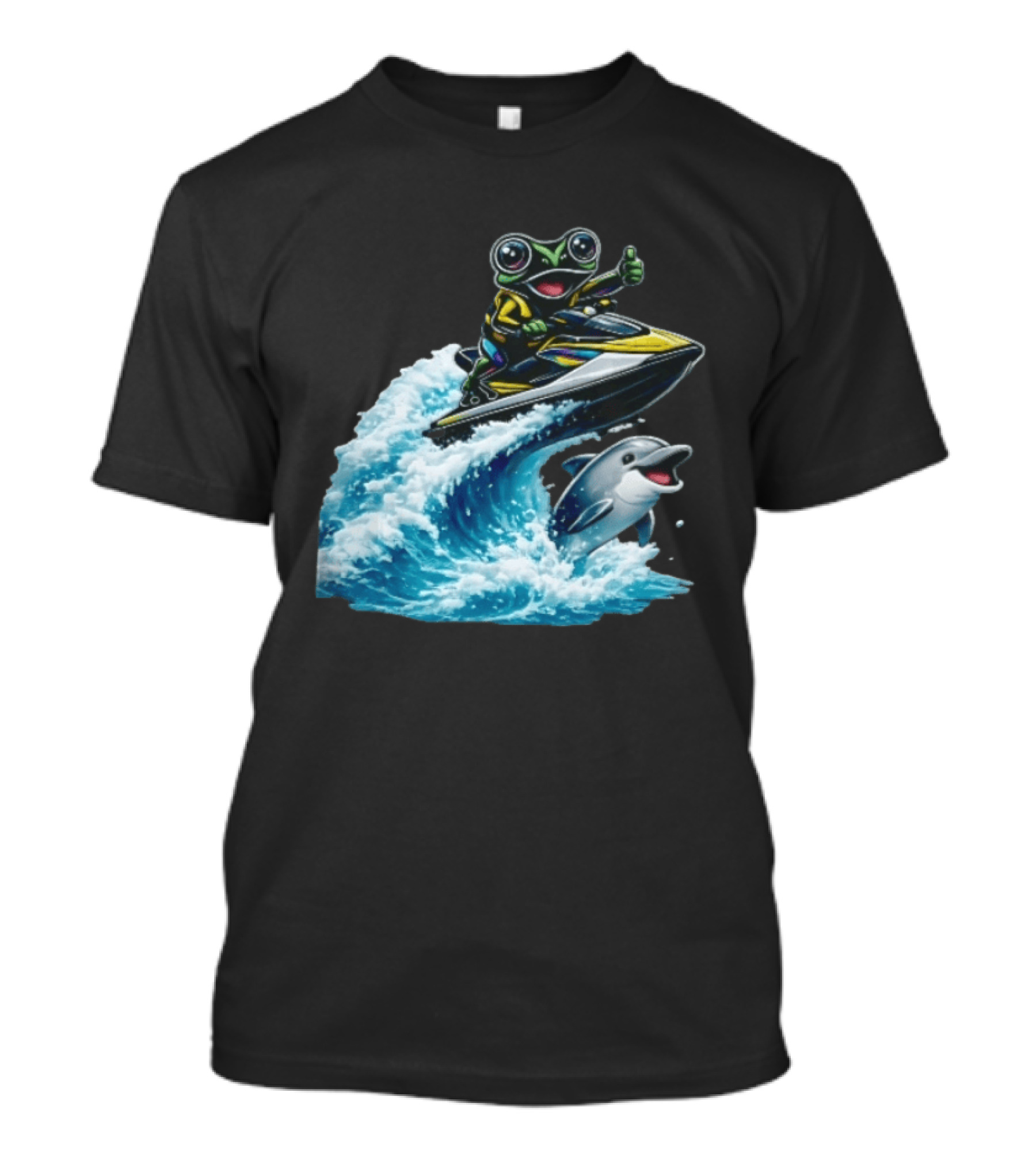 Cartoon Frog Thumbs Up Riding Jet Ski With Dolphin On Ocean Wave T-Shirt