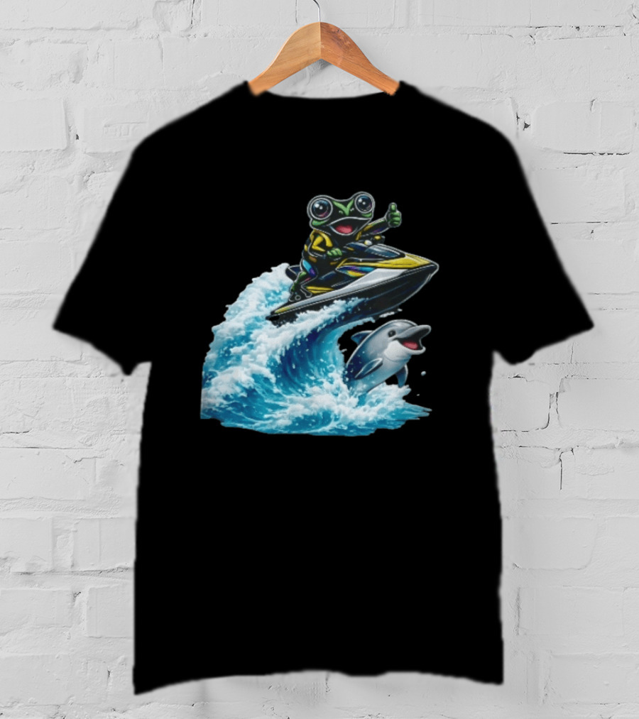 Cartoon Frog Thumbs Up Riding Jet Ski With Dolphin On Ocean Wave T-Shirt