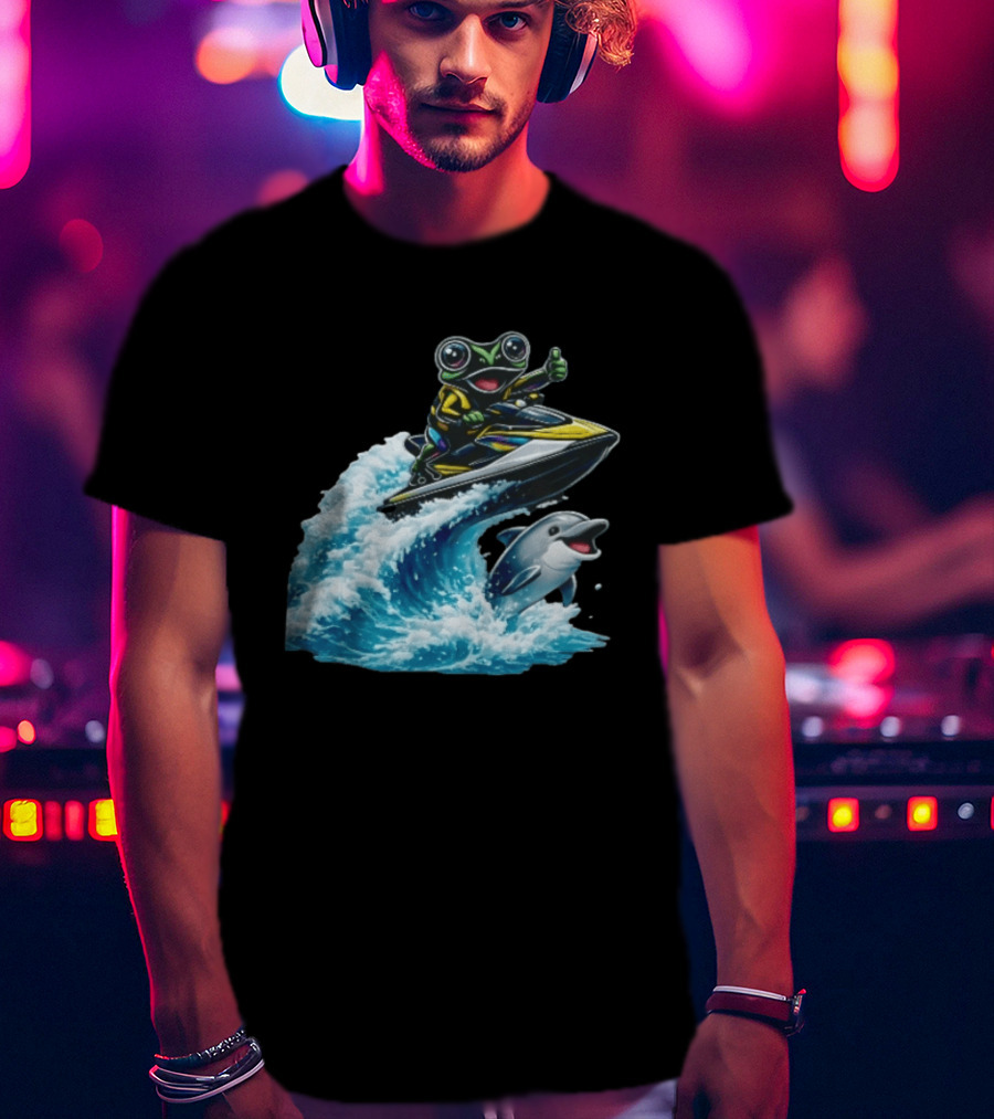 Cartoon Frog Thumbs Up Riding Jet Ski With Dolphin On Ocean Wave T-Shirt