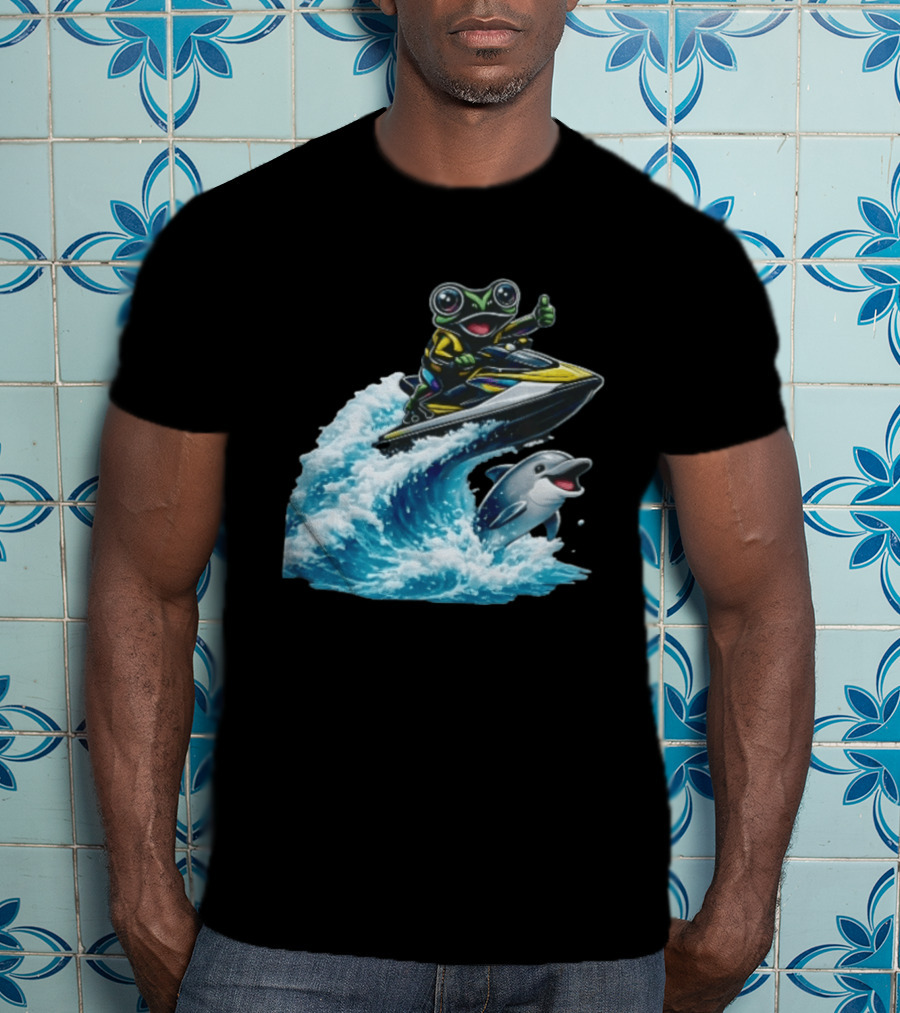 Cartoon Frog Thumbs Up Riding Jet Ski With Dolphin On Ocean Wave T-Shirt