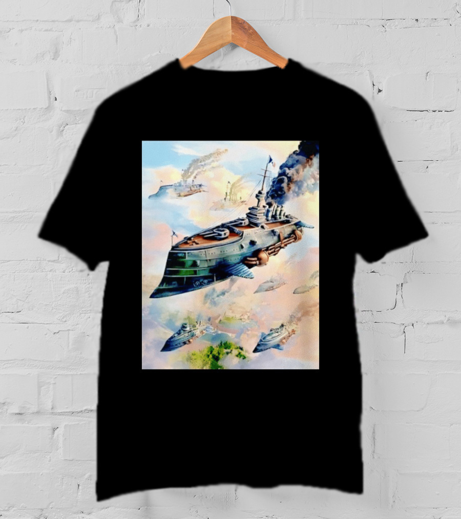 Steampunk Flying Battleship Armada Soaring Through The Clouds T-Shirt