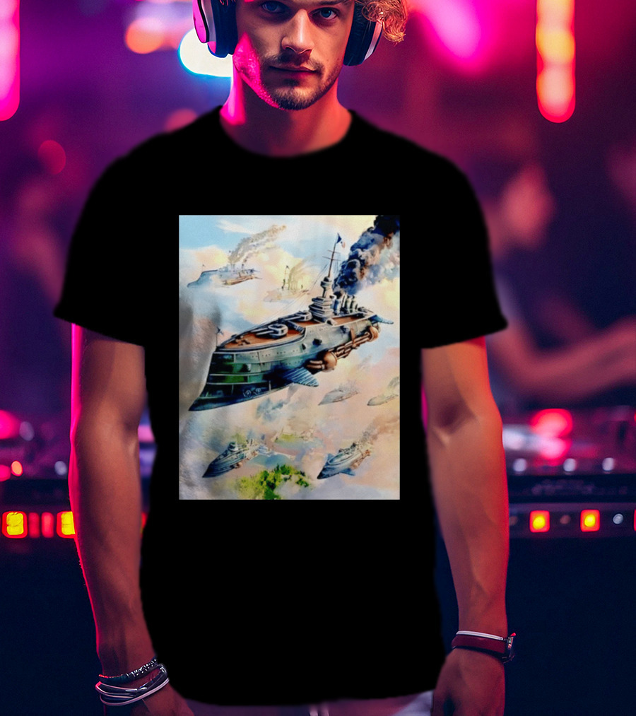 Steampunk Flying Battleship Armada Soaring Through The Clouds T-Shirt