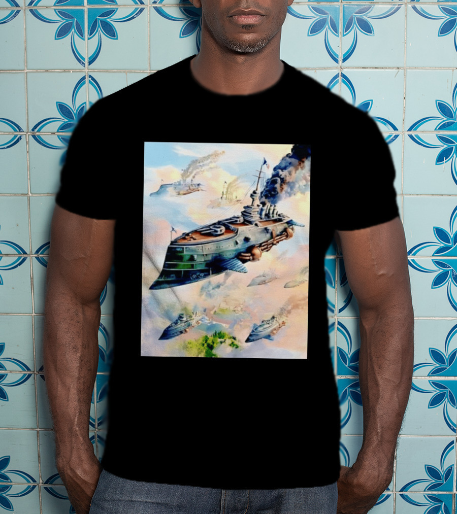 Steampunk Flying Battleship Armada Soaring Through The Clouds T-Shirt