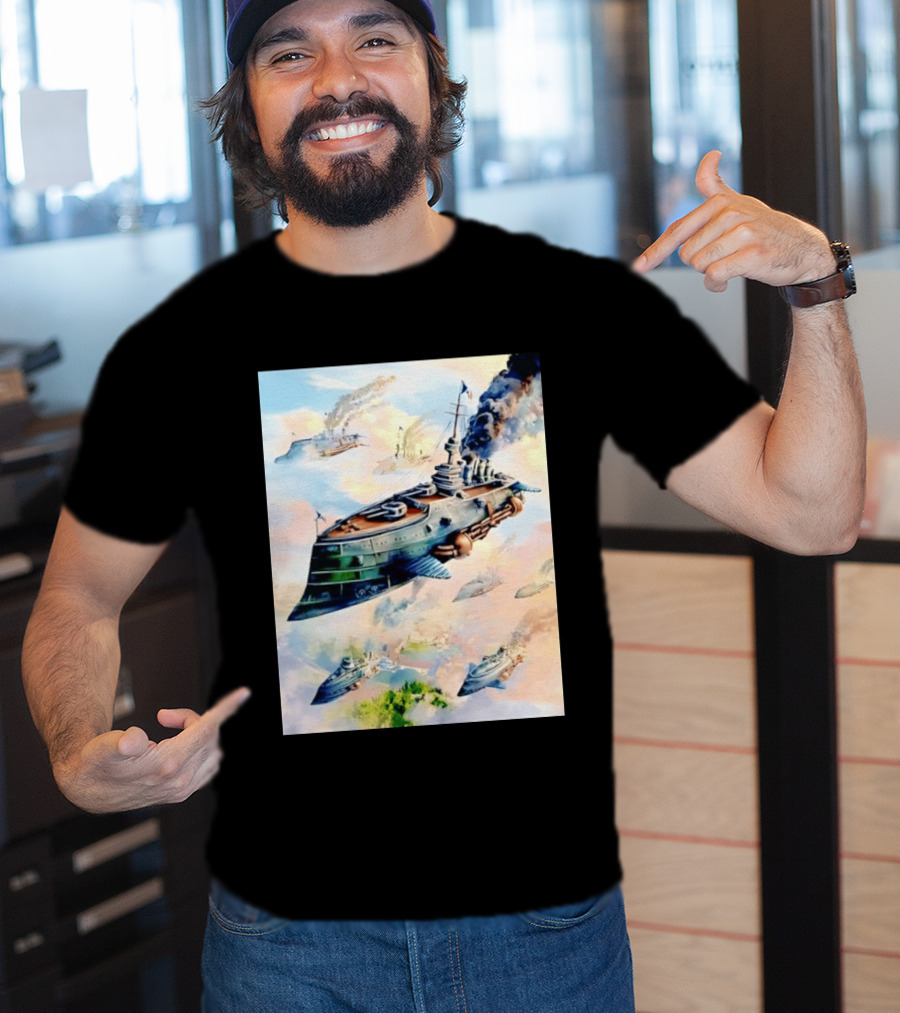 Steampunk Flying Battleship Armada Soaring Through The Clouds T-Shirt