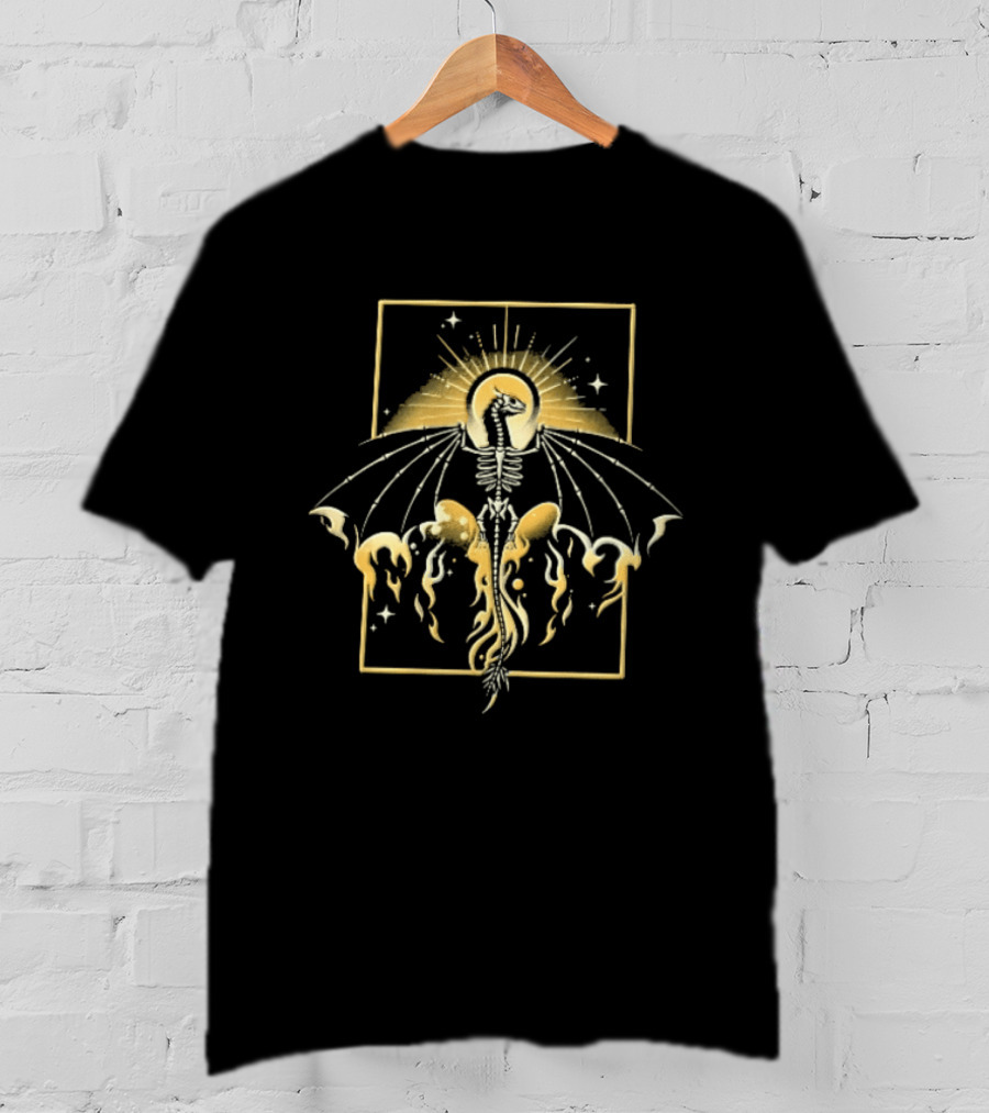 Celestial Gold Skeletal Dragon Wings Sunburst Halo Flames T-Shirt