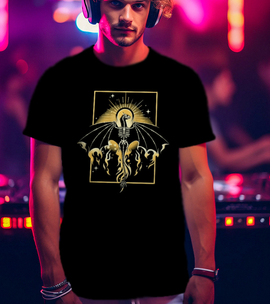 Celestial Gold Skeletal Dragon Wings Sunburst Halo Flames T-Shirt