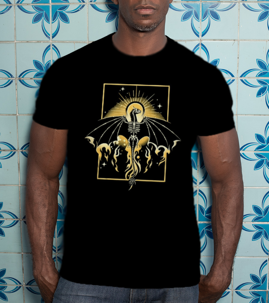 Celestial Gold Skeletal Dragon Wings Sunburst Halo Flames T-Shirt