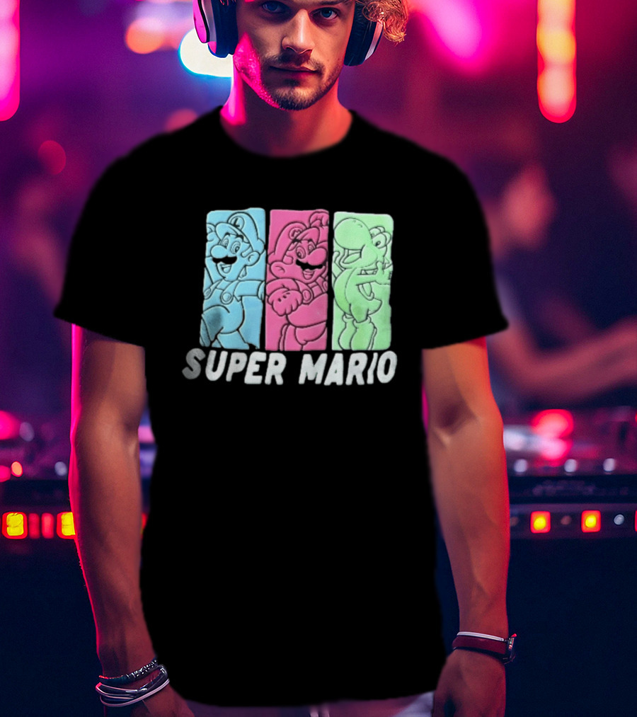 Super Mario Luigi Yoshi Characters Colorful Panels T-Shirt