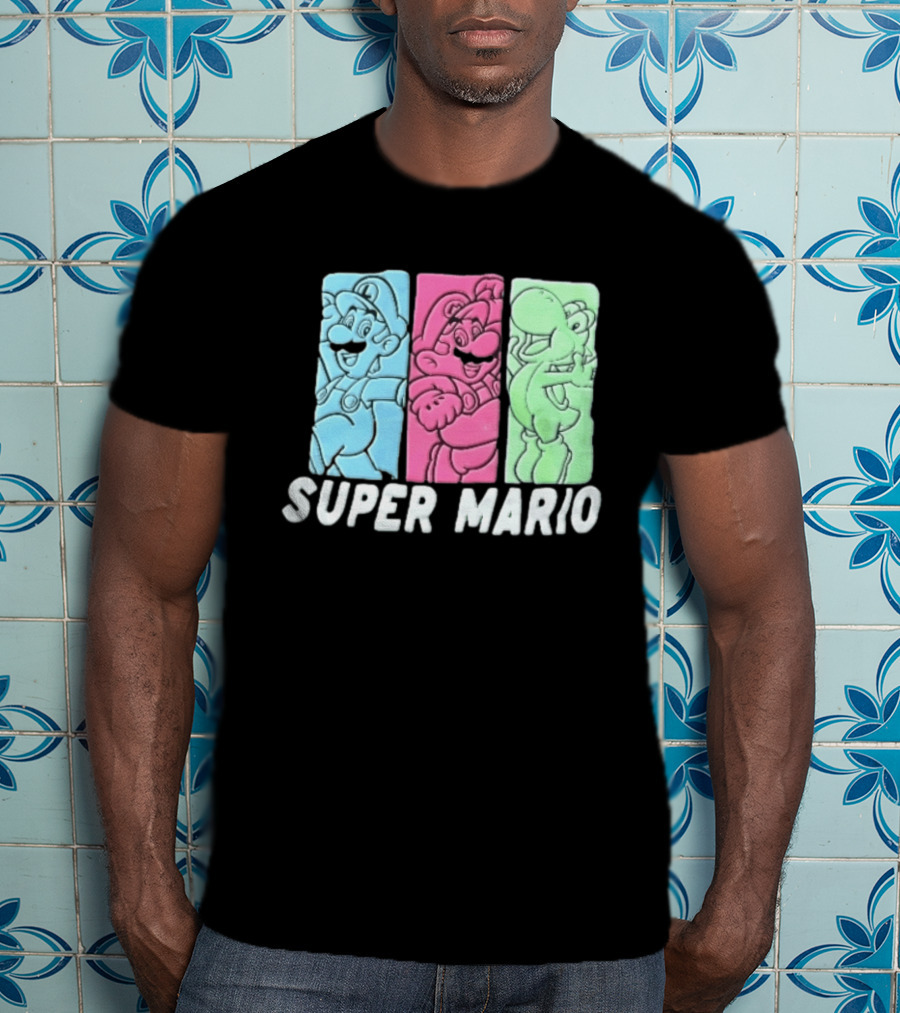 Super Mario Luigi Yoshi Characters Colorful Panels T-Shirt