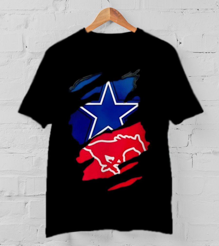 Dallas Cowboys Star And SMU Mustangs Red Ripped Effect T-Shirt