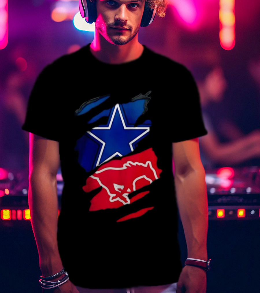 Dallas Cowboys Star And SMU Mustangs Red Ripped Effect T-Shirt