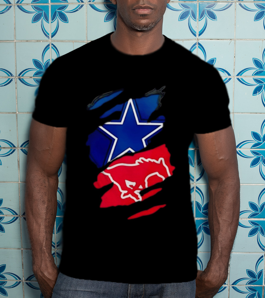 Dallas Cowboys Star And SMU Mustangs Red Ripped Effect T-Shirt