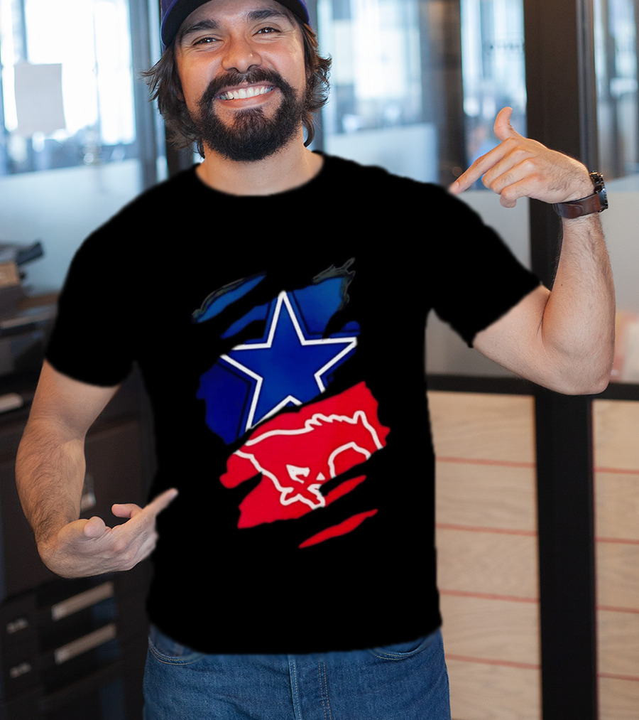 Dallas Cowboys Star And SMU Mustangs Red Ripped Effect T-Shirt
