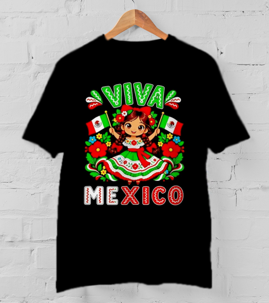 Viva Mexico Traditional Dress Girl With Flags Mexican Celebration T-Shirt