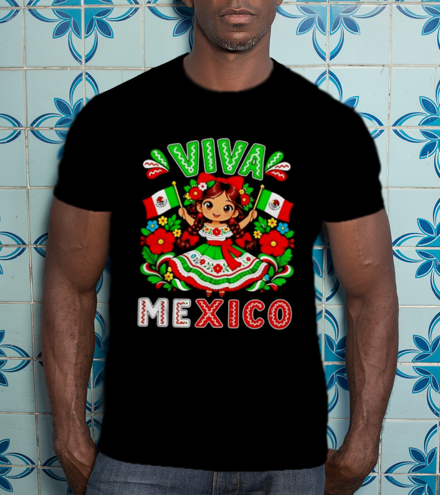 Viva Mexico Traditional Dress Girl With Flags Mexican Celebration T-Shirt