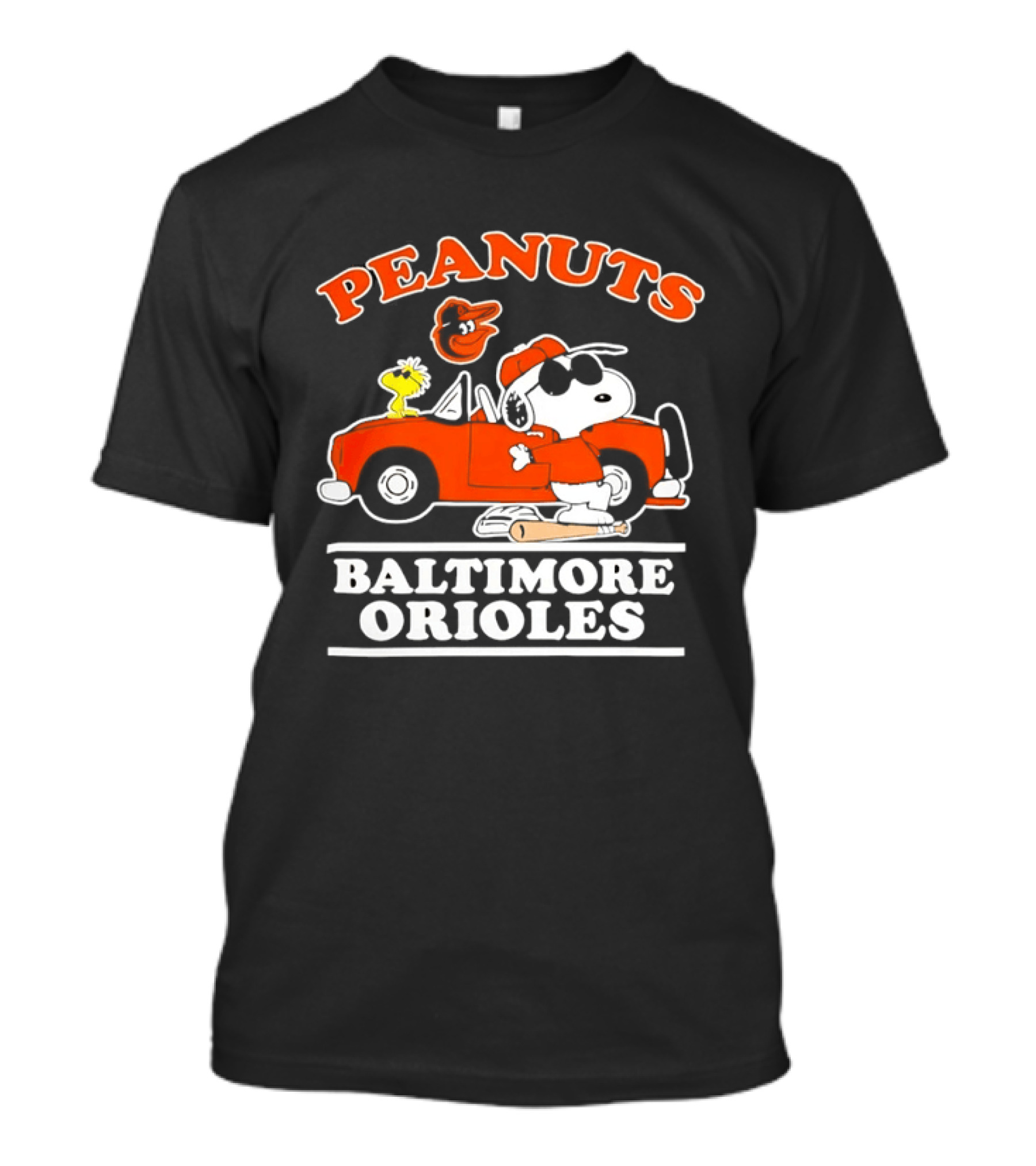 Peanuts Snoopy And Woodstock Driving Baltimore Orioles Car T-Shirt