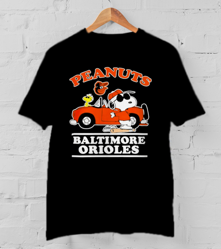 Peanuts Snoopy And Woodstock Driving Baltimore Orioles Car T-Shirt