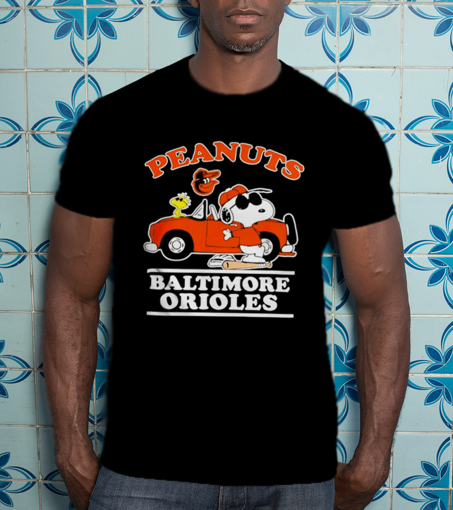 Peanuts Snoopy And Woodstock Driving Baltimore Orioles Car T-Shirt