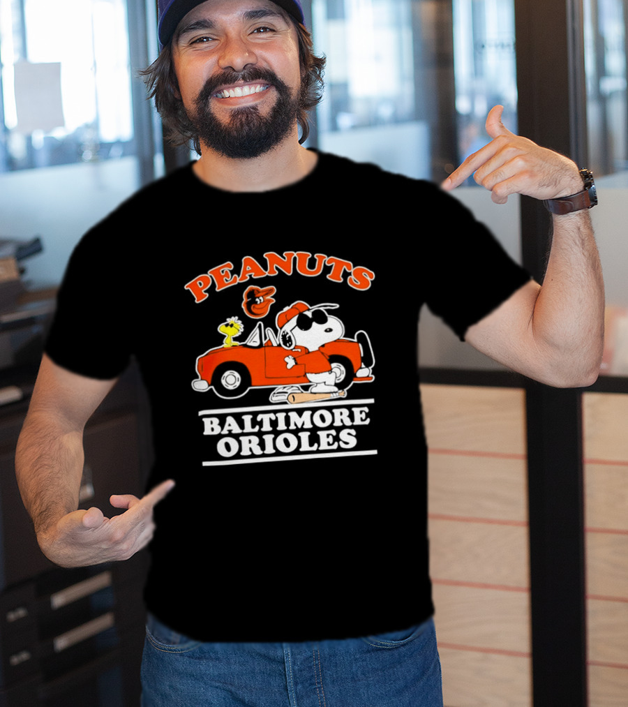 Peanuts Snoopy And Woodstock Driving Baltimore Orioles Car T-Shirt