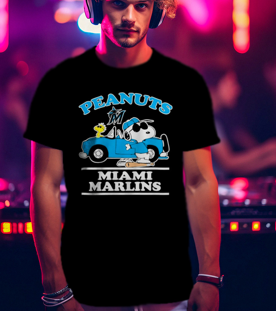 Peanuts Snoopy And Woodstock Miami Marlins Baseball Driving Adventure T-Shirt