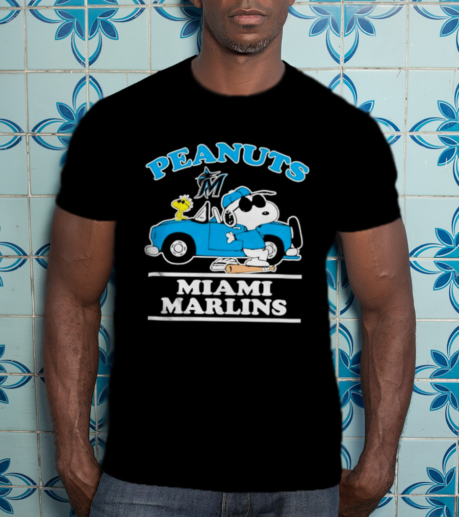 Peanuts Snoopy And Woodstock Miami Marlins Baseball Driving Adventure T-Shirt