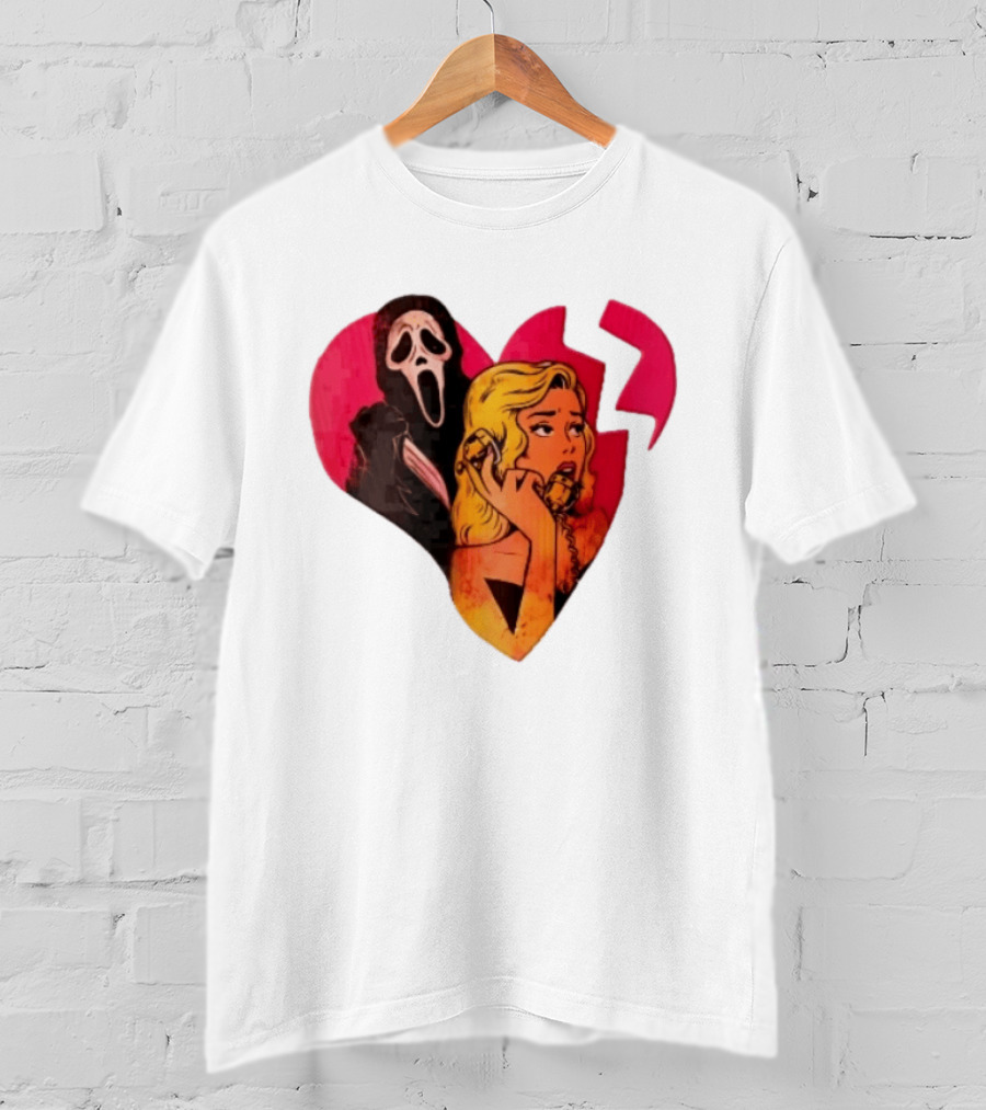 Cartoon Blonde Woman Ghostface Broken Pink Heart Knife Phone T-Shirt