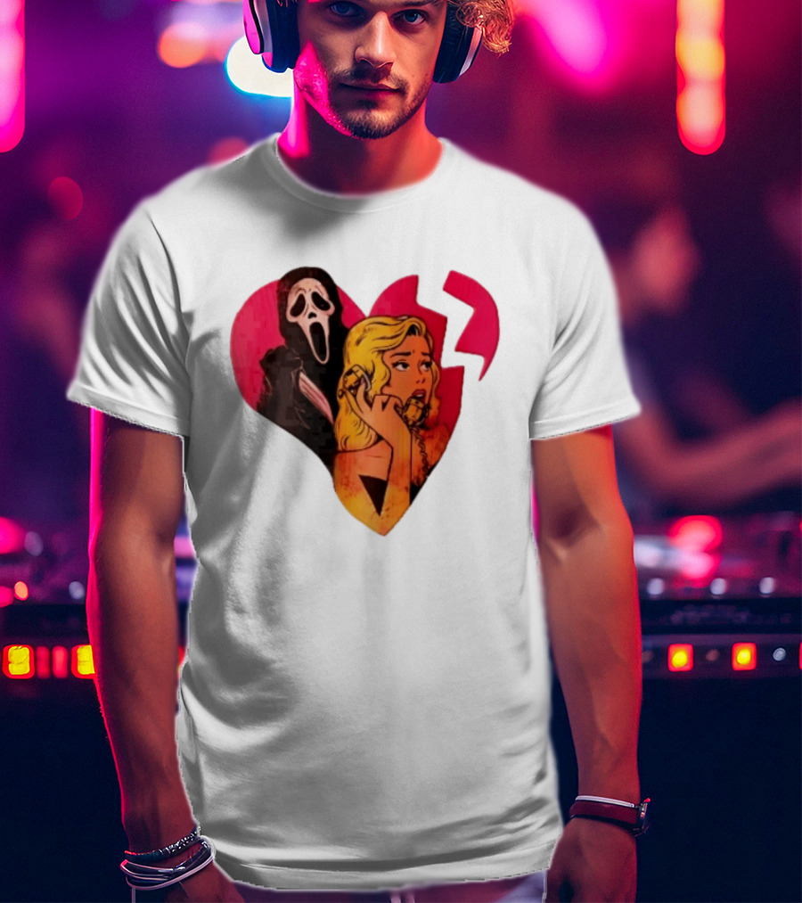 Cartoon Blonde Woman Ghostface Broken Pink Heart Knife Phone T-Shirt