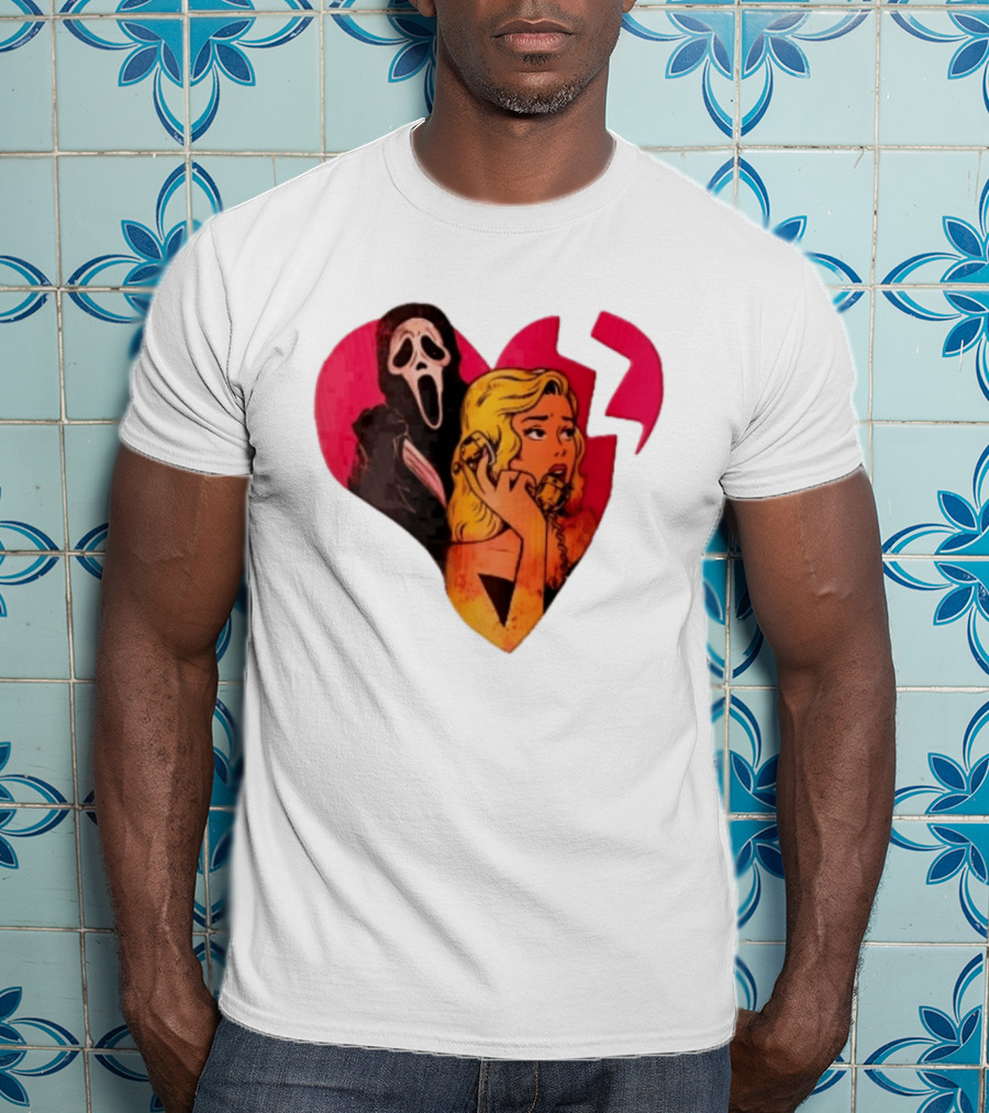 Cartoon Blonde Woman Ghostface Broken Pink Heart Knife Phone T-Shirt
