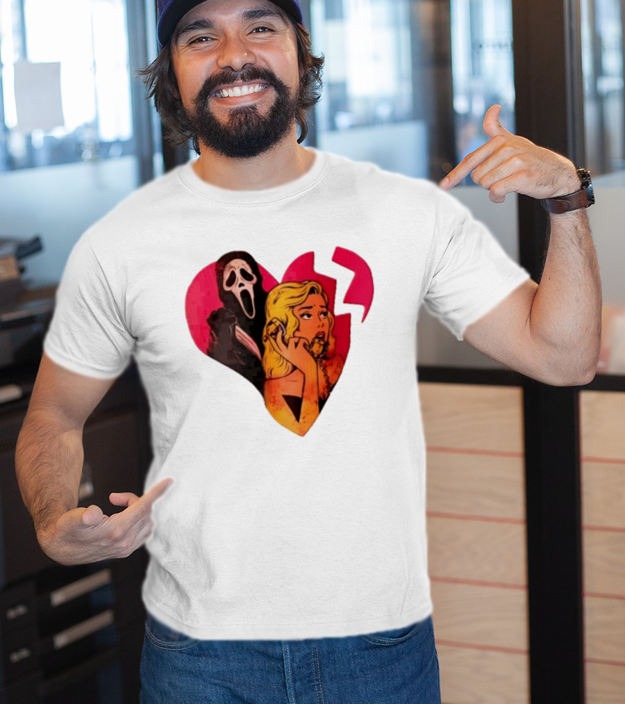 Cartoon Blonde Woman Ghostface Broken Pink Heart Knife Phone T-Shirt
