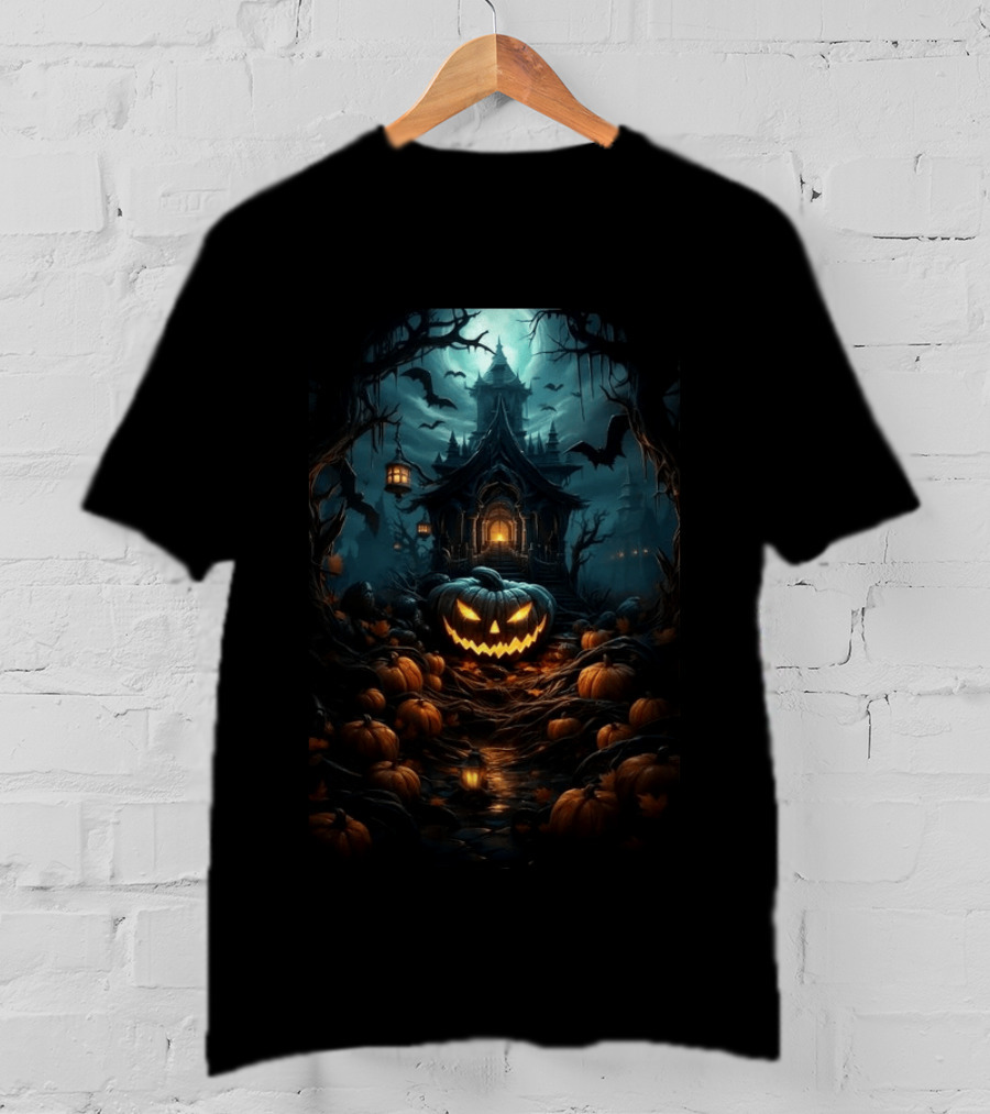 Haunted House Pumpkin Season Halloween Spooky Night Scene With Jack O' Lanterns And Bats T-Shirt