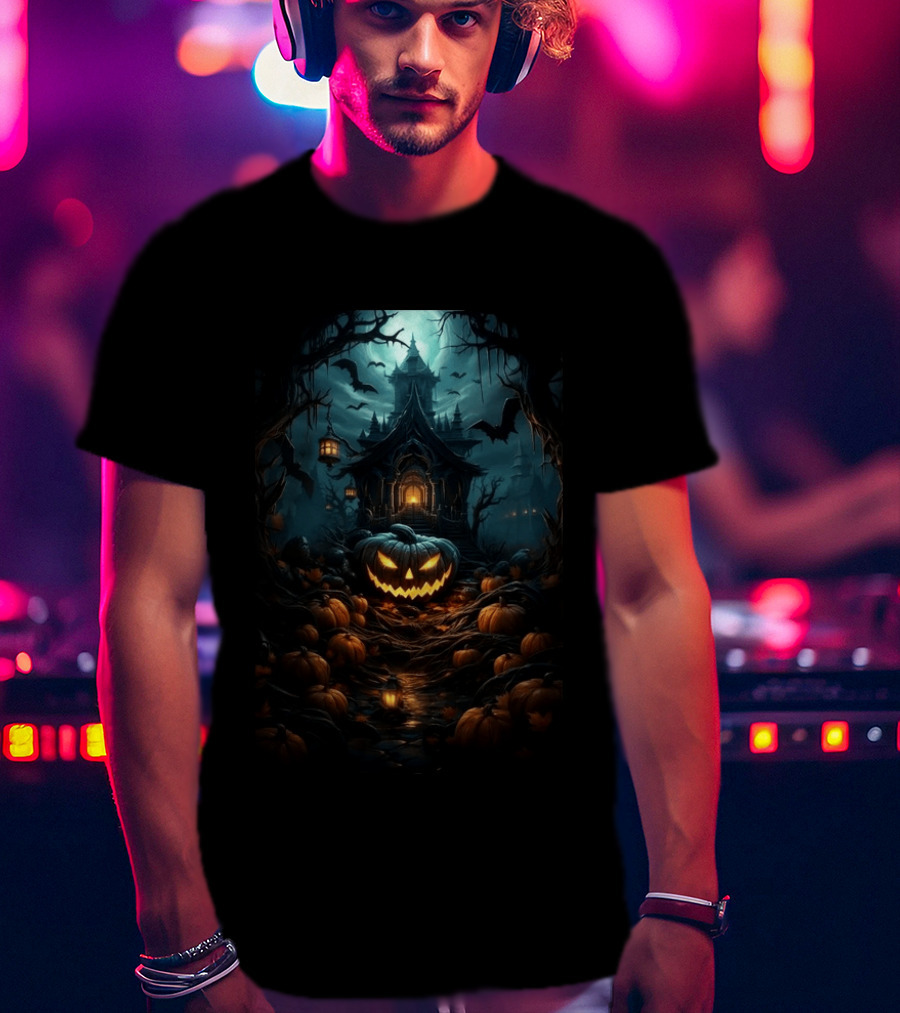Haunted House Pumpkin Season Halloween Spooky Night Scene With Jack O' Lanterns And Bats T-Shirt